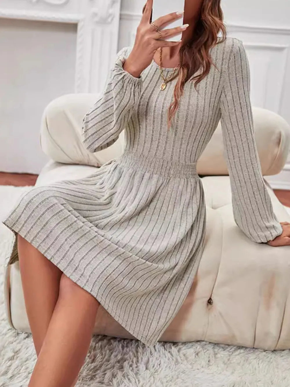 Dust Storm Smocked Round-Neck Long-Sleeve Dress