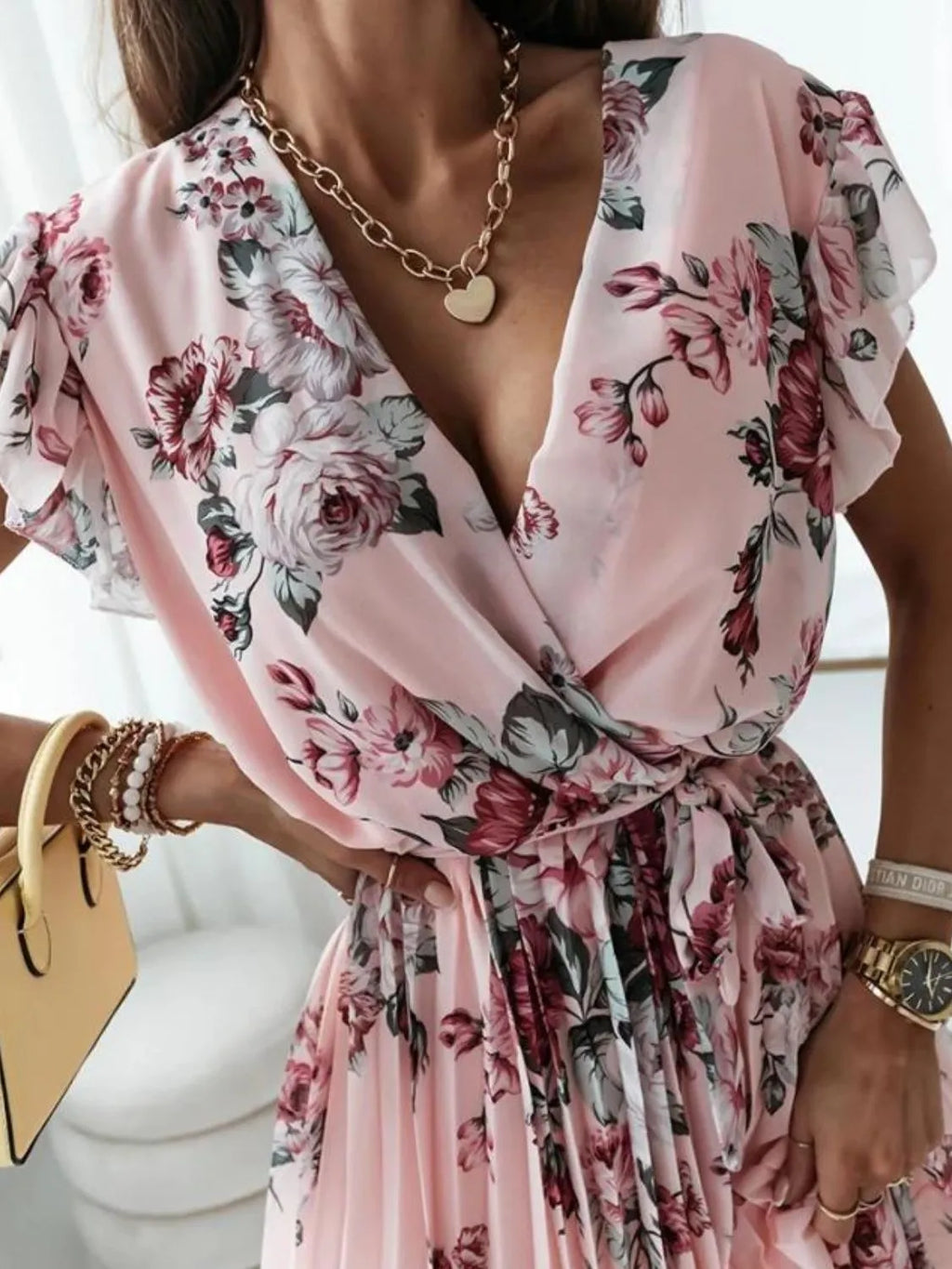 Floral Surplice Tie-Waist Ruffle-Cap-Sleeve Dress