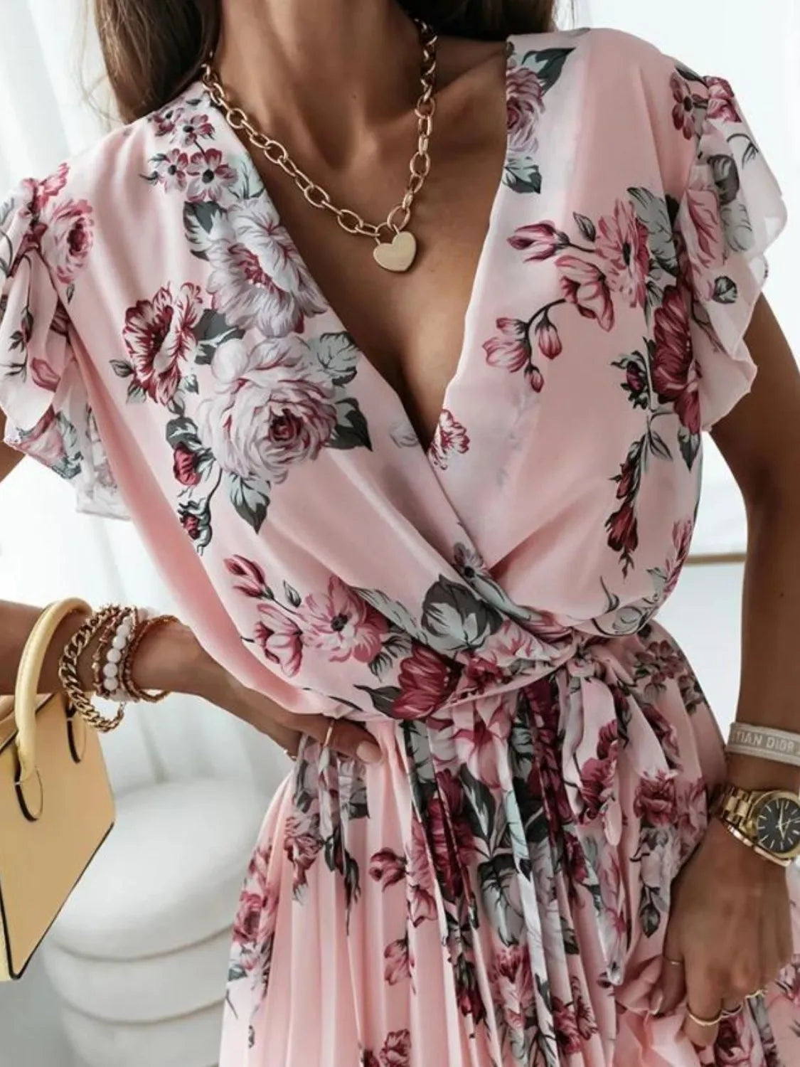 Floral Surplice Tie-Waist Ruffle-Cap-Sleeve Dress