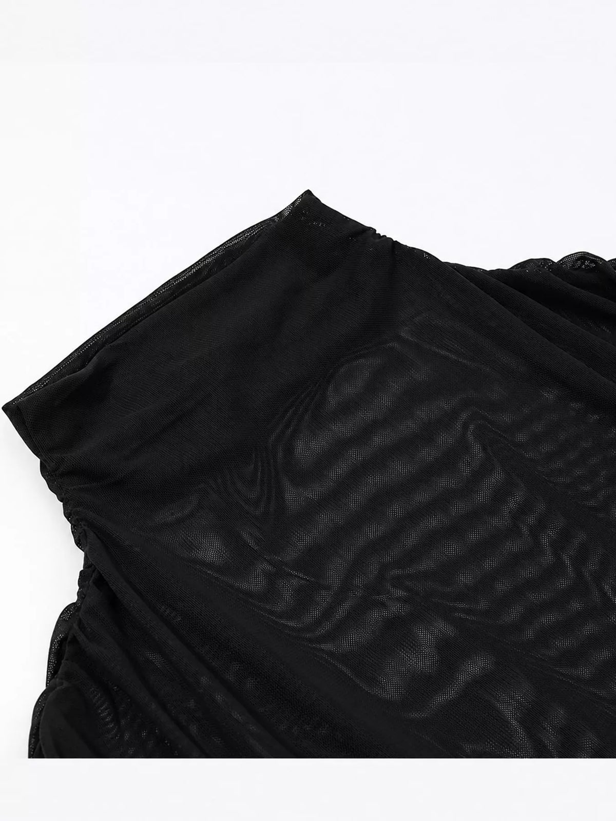 Mock-Neck Ruched Sheer Mesh Maxi Dress