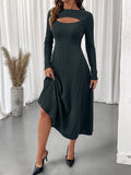 Ribbed Knit Chest-Cutout Long-Sleeve Midi Dress