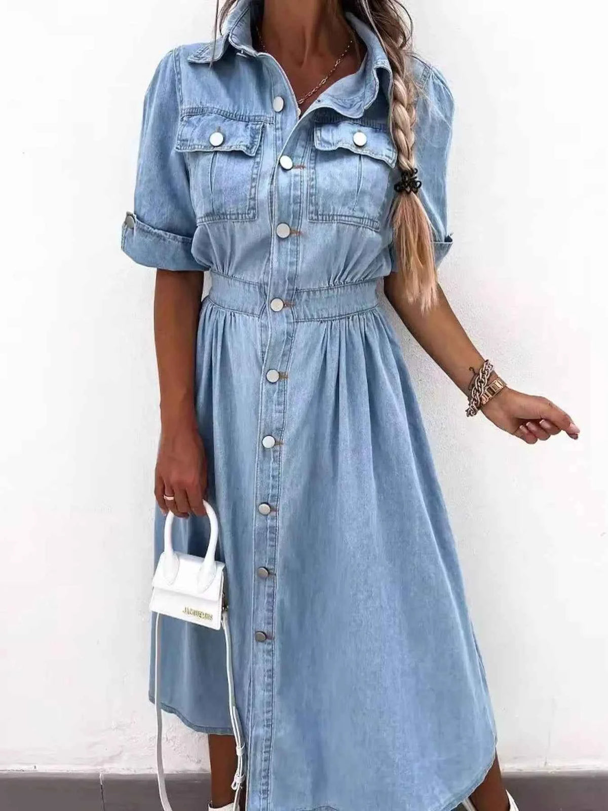 Light Blue Denim-Look Button-Down Shirt Dress