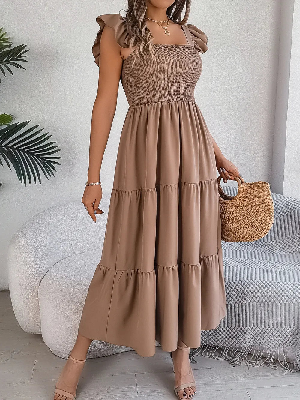 Smocked Square-Neck Cap-Sleeve Midi Dress