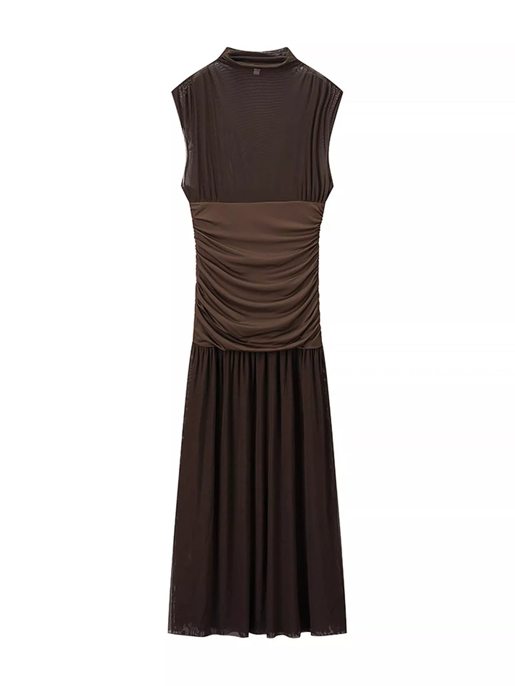 Mock-Neck Ruched Sheer Mesh Maxi Dress