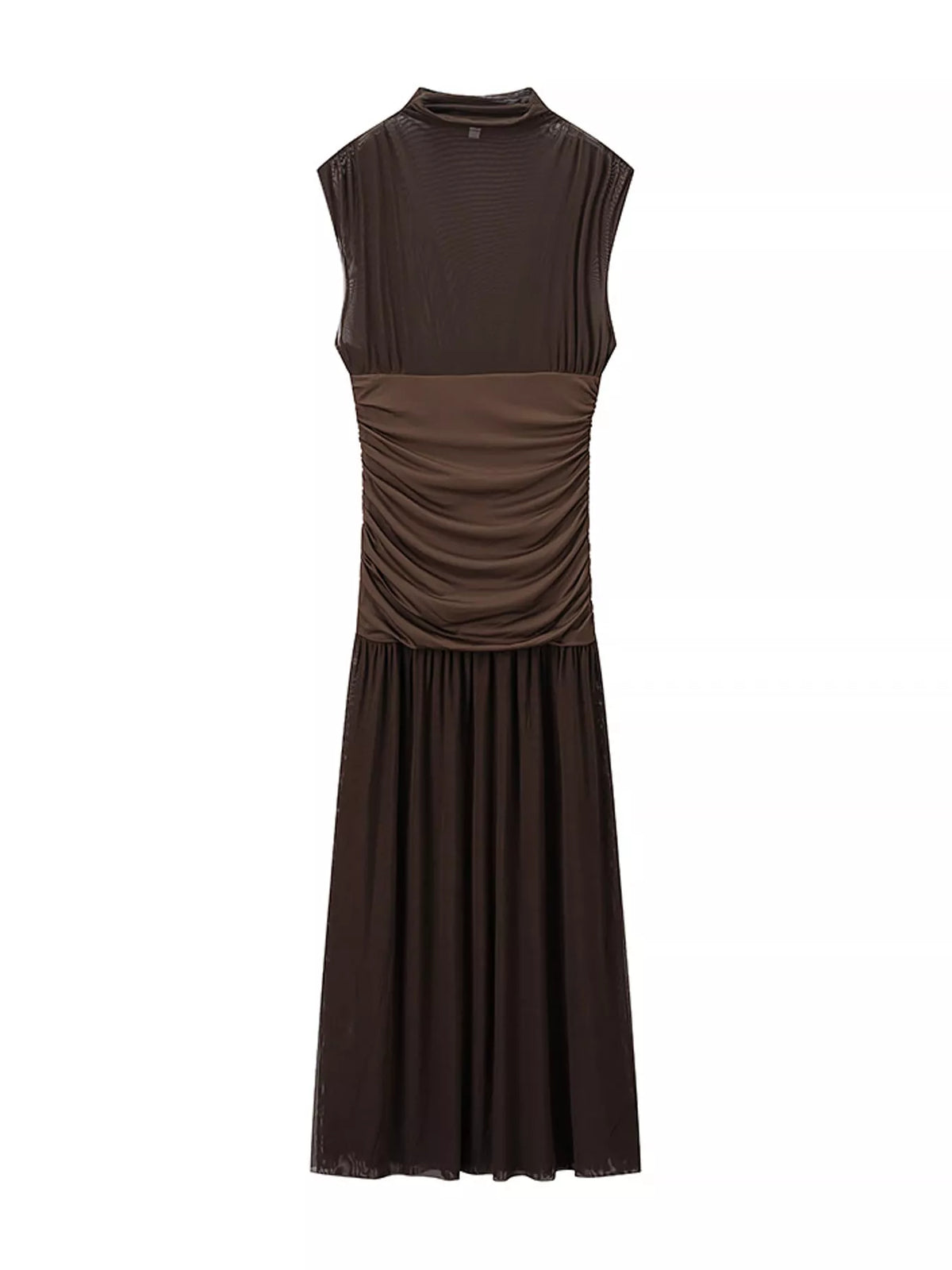 Mock-Neck Ruched Sheer Mesh Maxi Dress