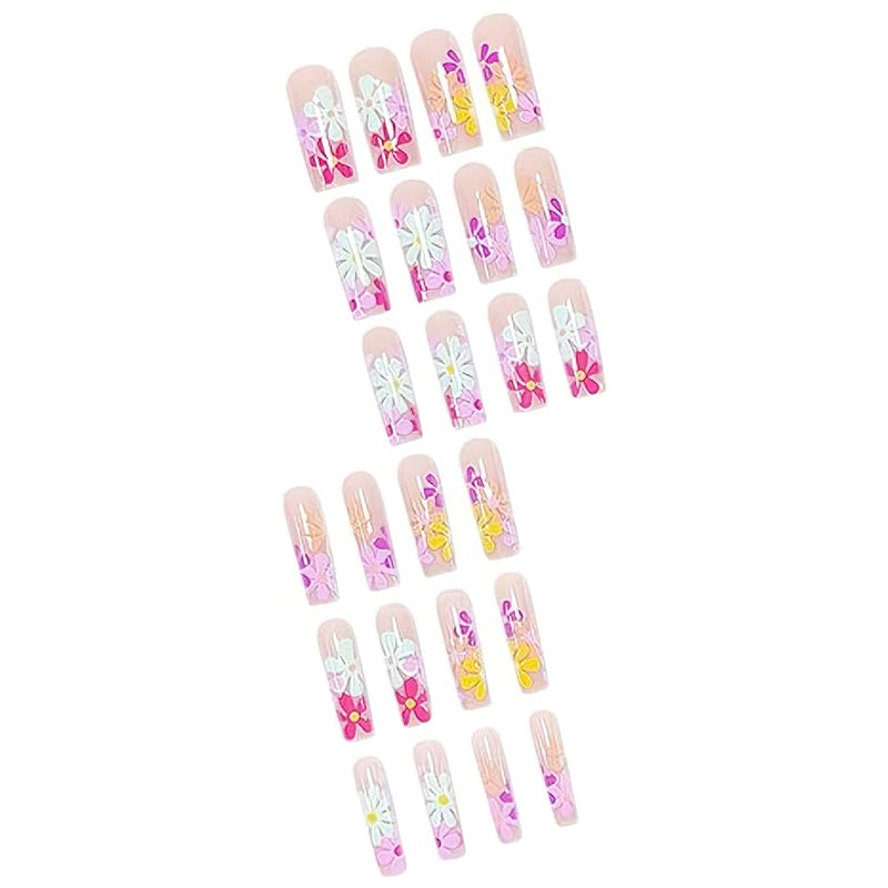 Flat Flower Press-On Nails – 24 PCS Long Square | Floral Nail Art for Everyday & Bridal Glam — Prime Trend Market