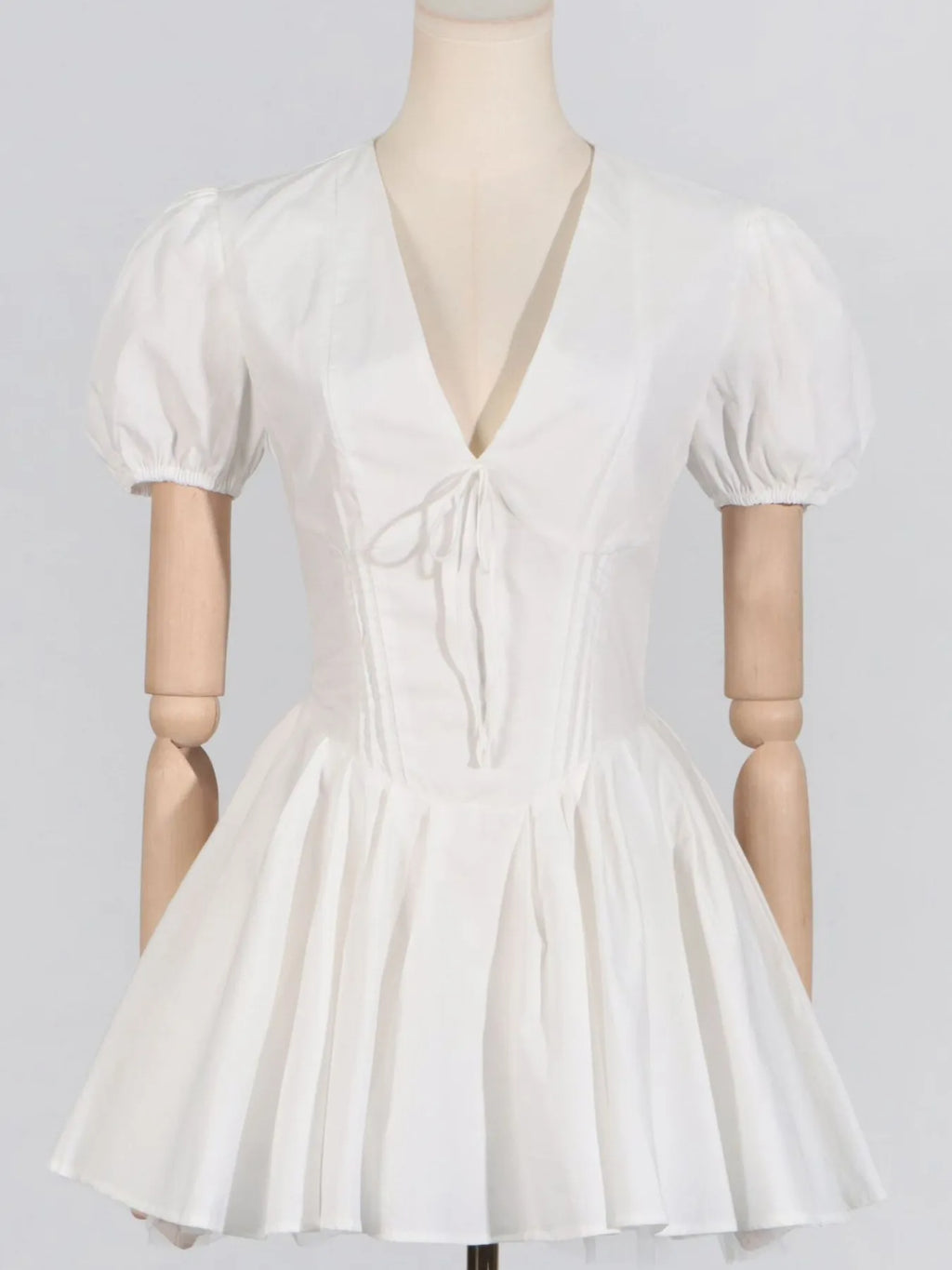 White Deep-V Puff-Sleeve Ruffle Mini Dress
