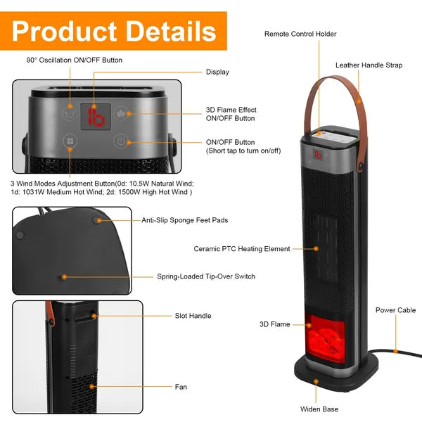 1500W Ceramic Tower Space Heater — 3D Flame Effect, 90° Oscillating, Remote Control & 12H Timer — Prime Trend Market