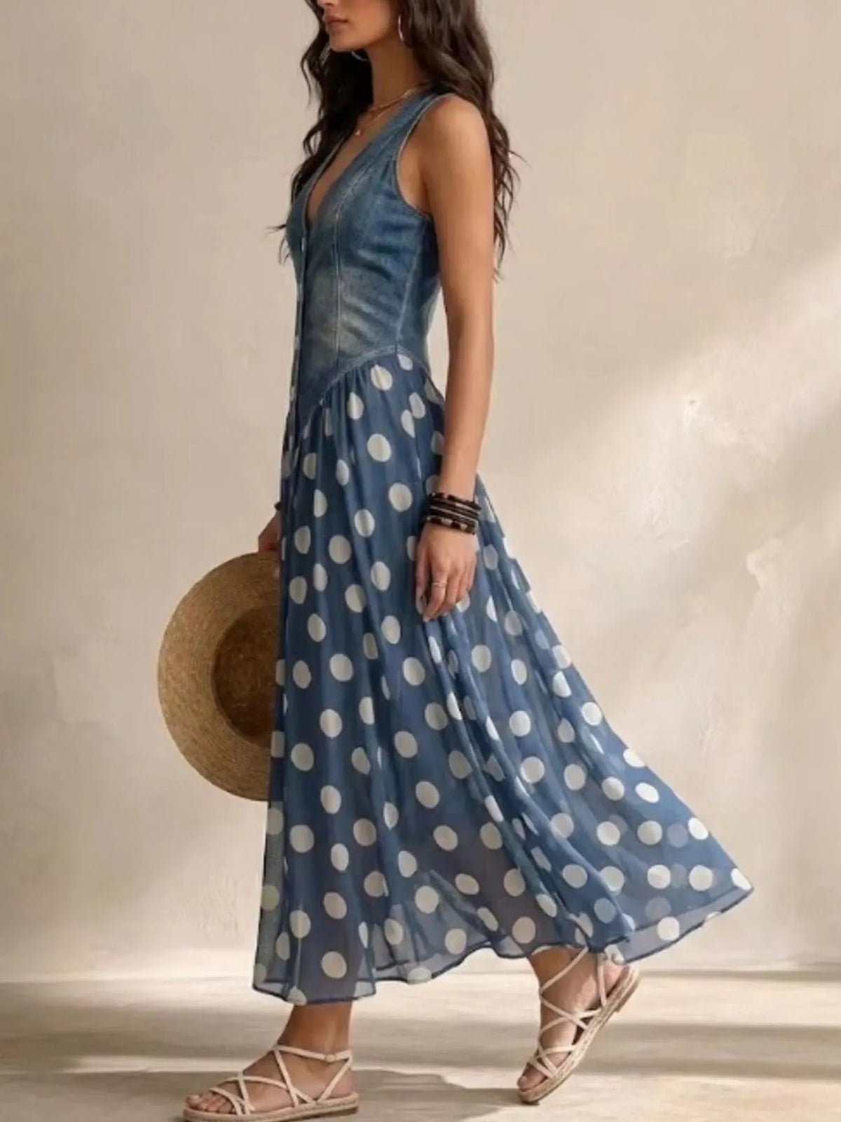 Polka-Dot V-Neck Sleeveless Maxi Dress, S–3XL