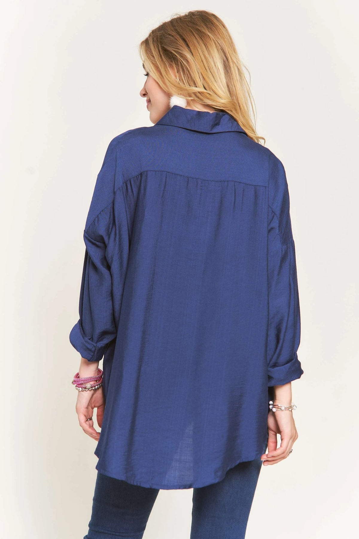 "Back view of the ADORA navy linen button-down shirt"