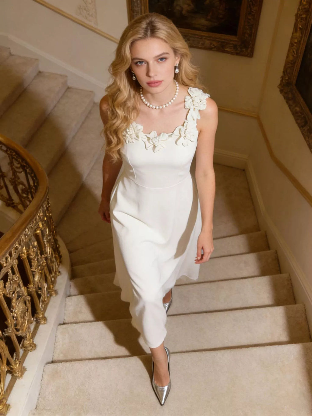 Floral-Embellished Sleeveless Midi Dress