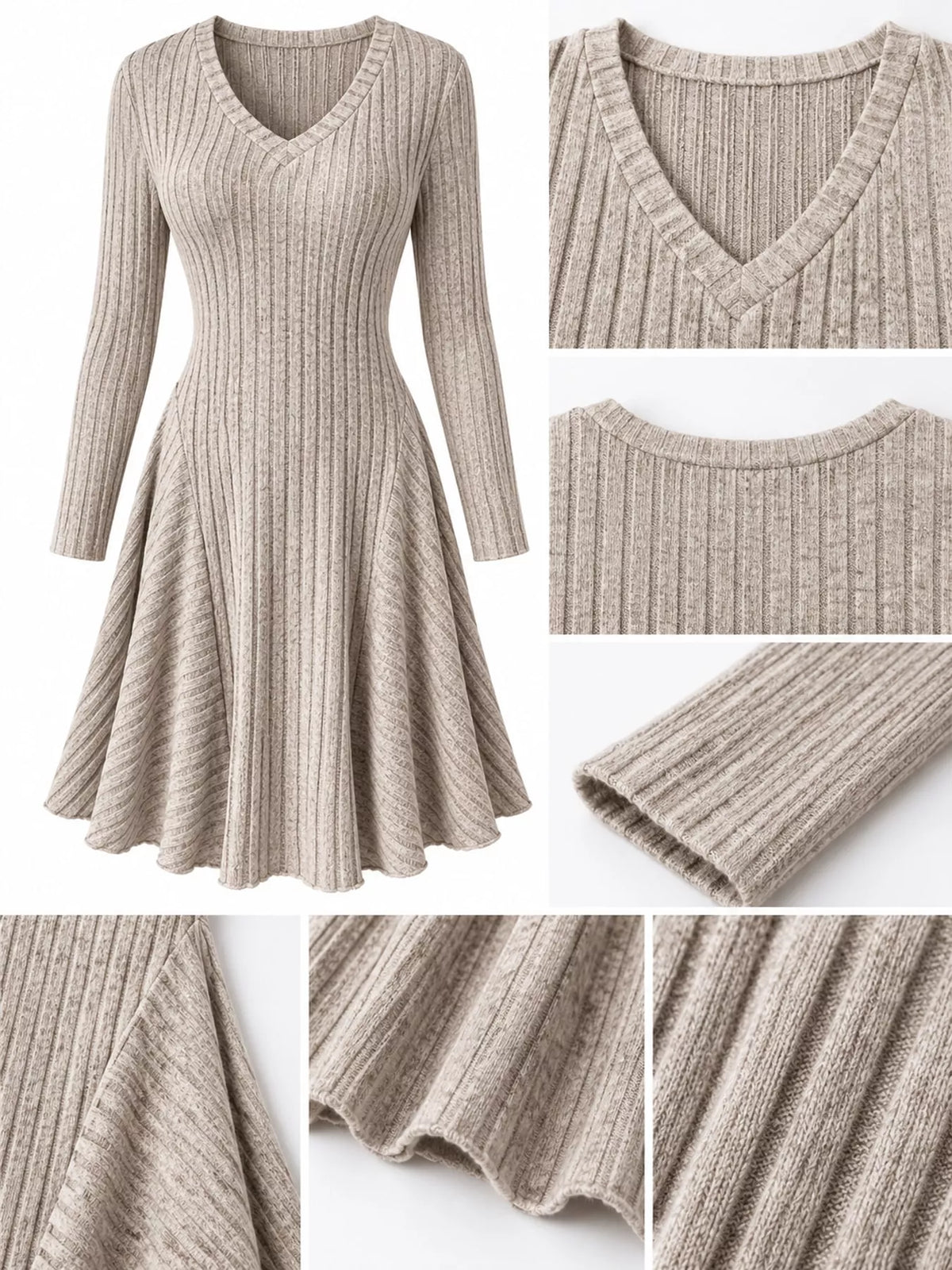 Long-Sleeve Ribbed Knit A-Line Mini Dress