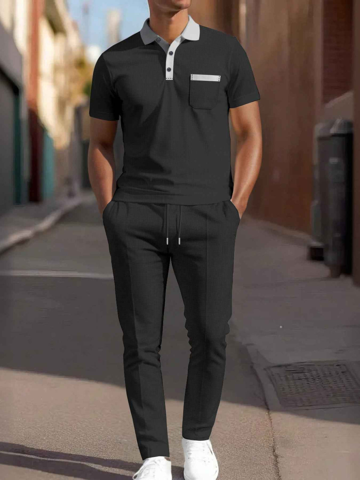 Men’s Contrast-Trim Polo & Drawstring Pants Set