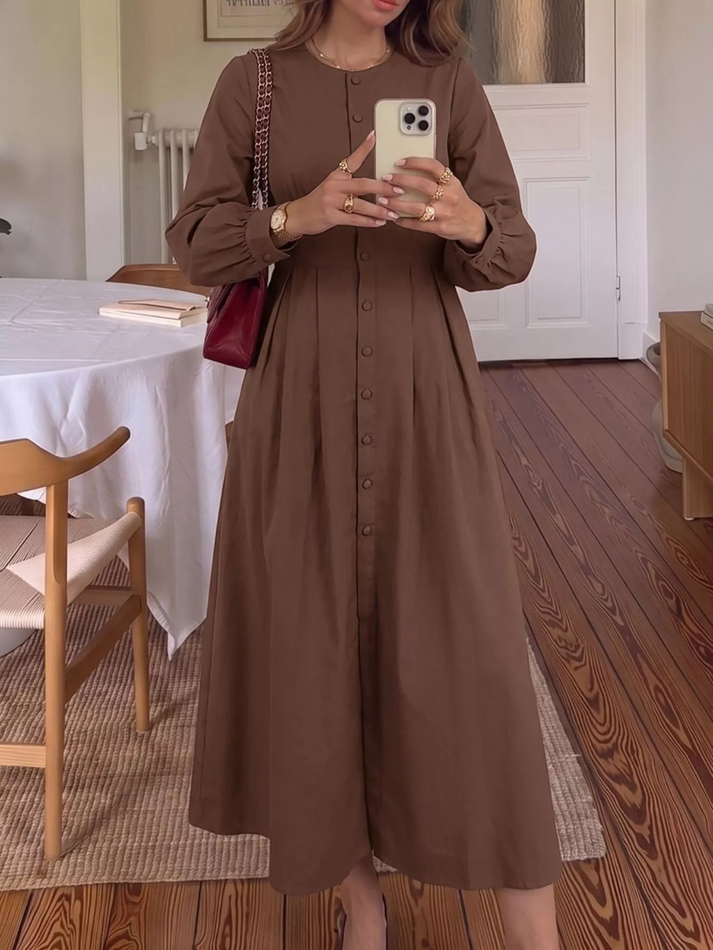 Coffee Brown Round-Neck Button-Front Long-Sleeve Midi Dress