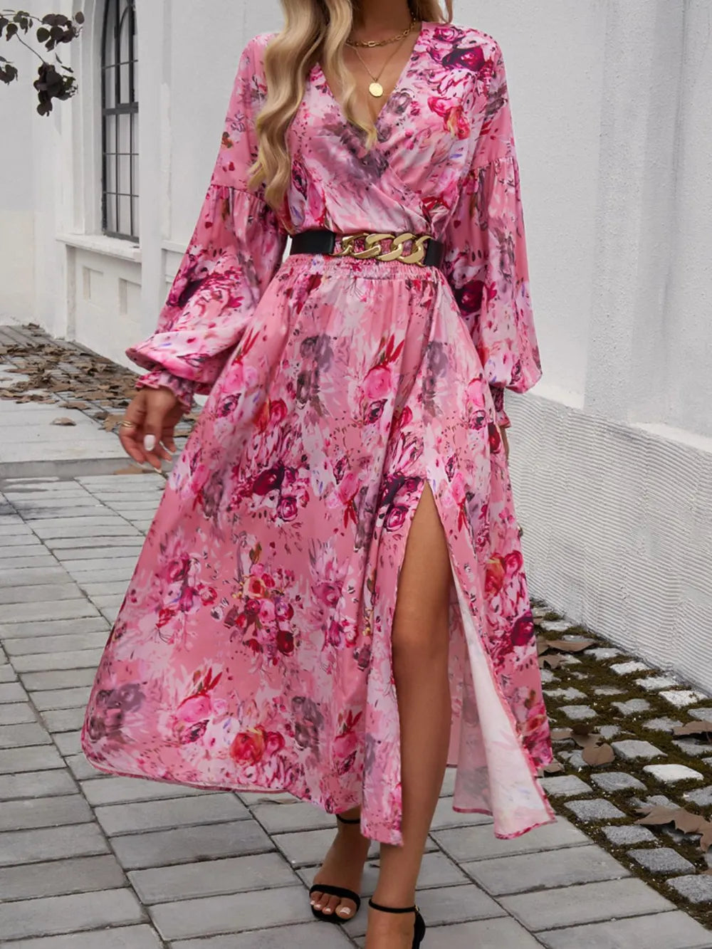 Devine Scarlet Floral Surplice Long-Sleeve Slit Dress