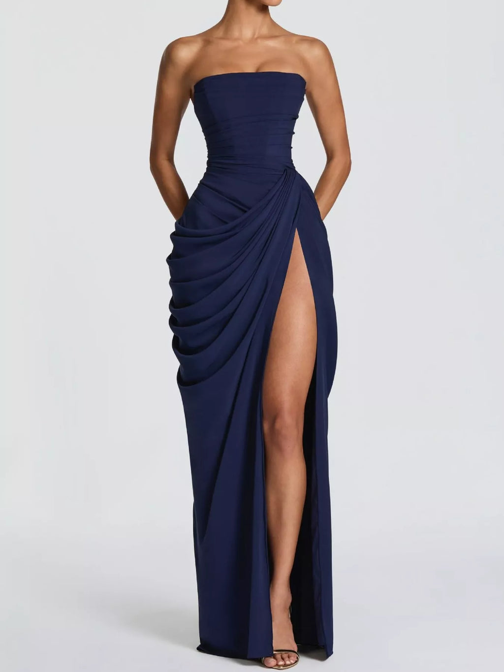 Strapless Ruched High-Slit Evening Dress