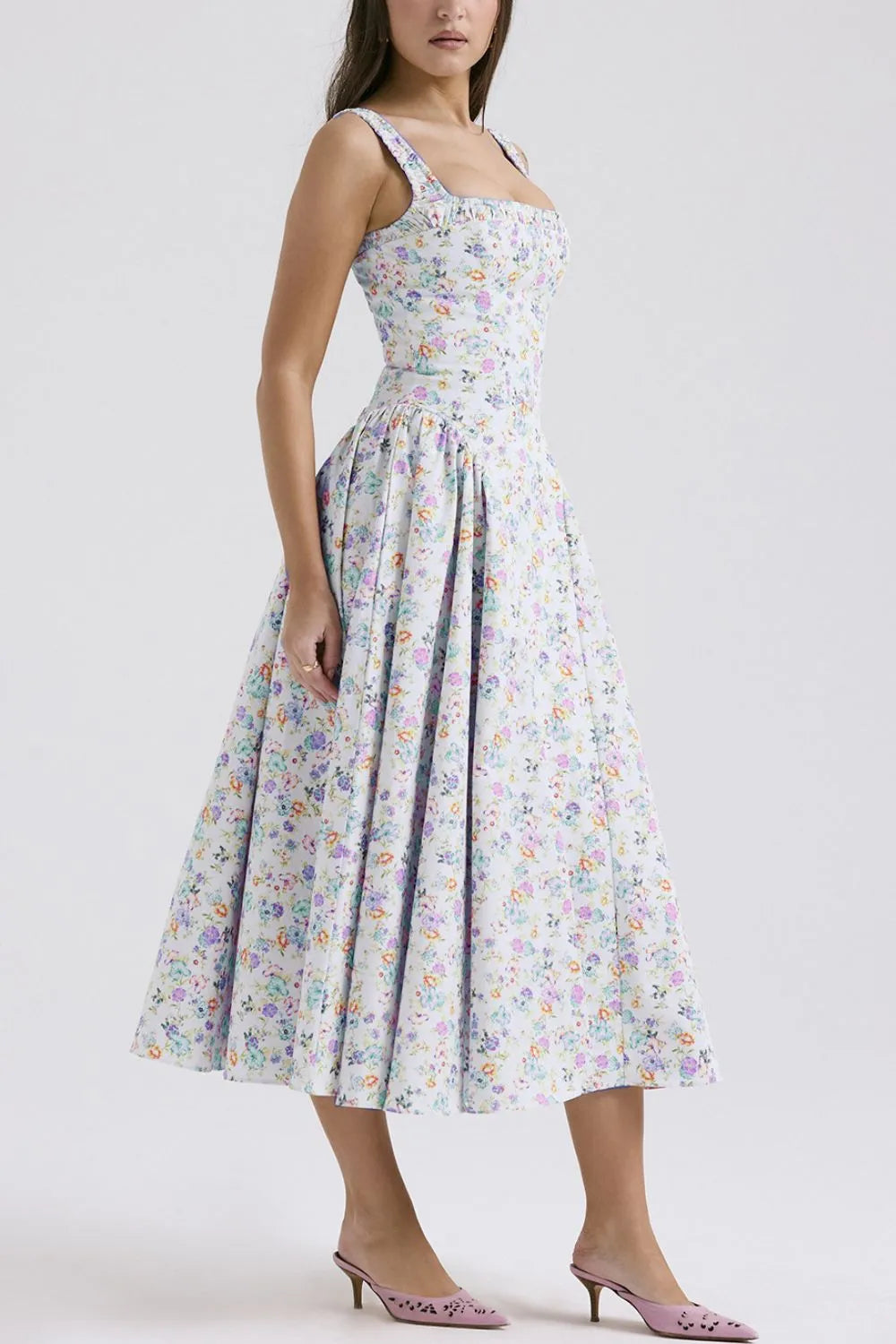 Floral Square-Neck Wide-Strap Midi Dress