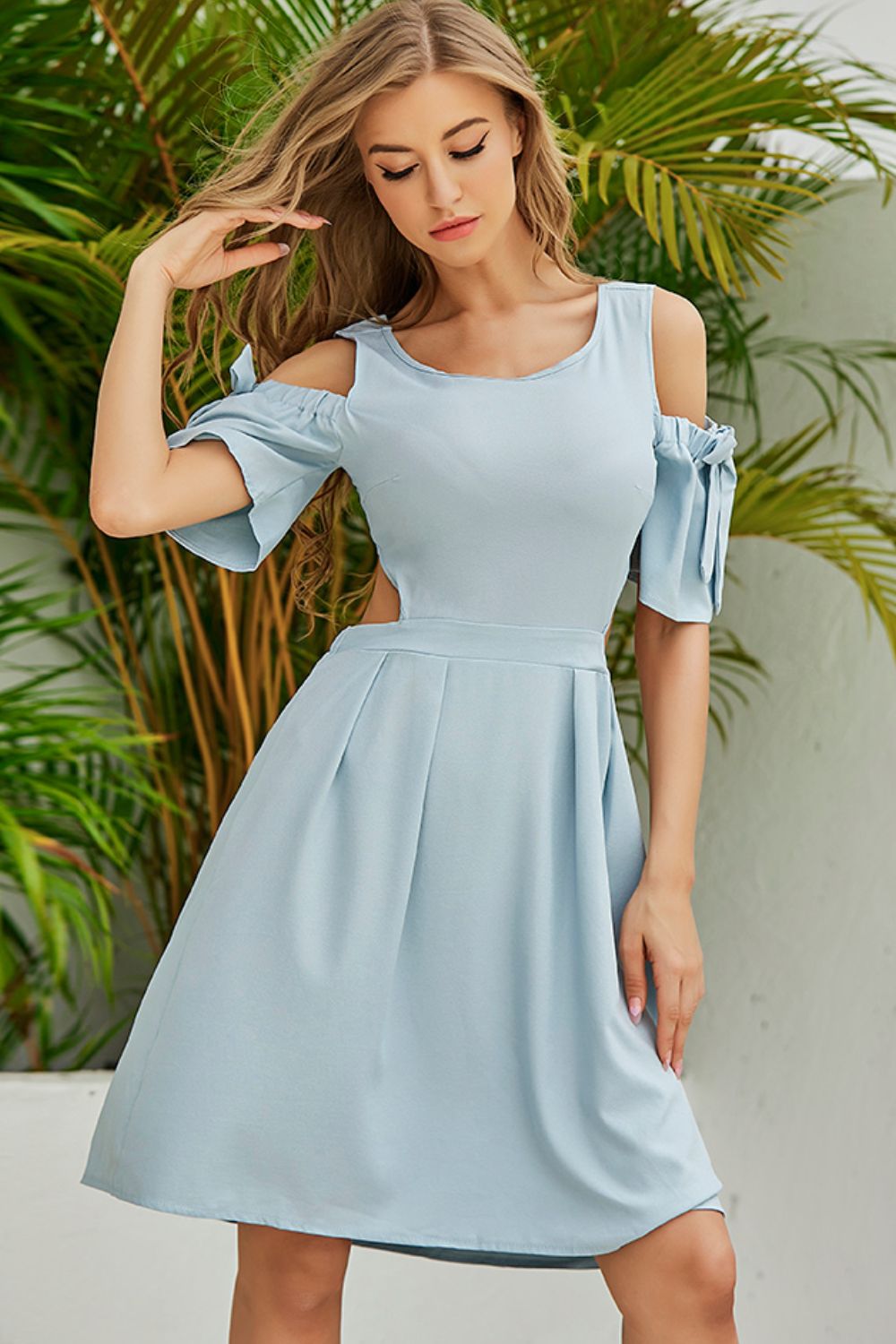 Light Blue Tie-Sleeve Cold-Shoulder Dress