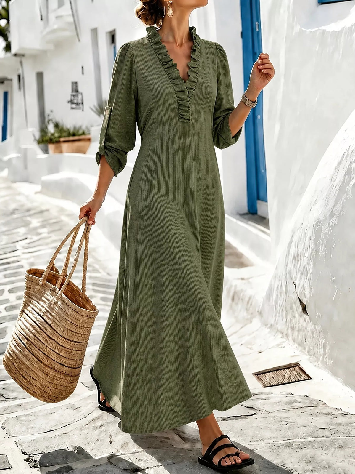 Frill V-Neck Roll-Tab Sleeve Maxi Dress, XS–3XL