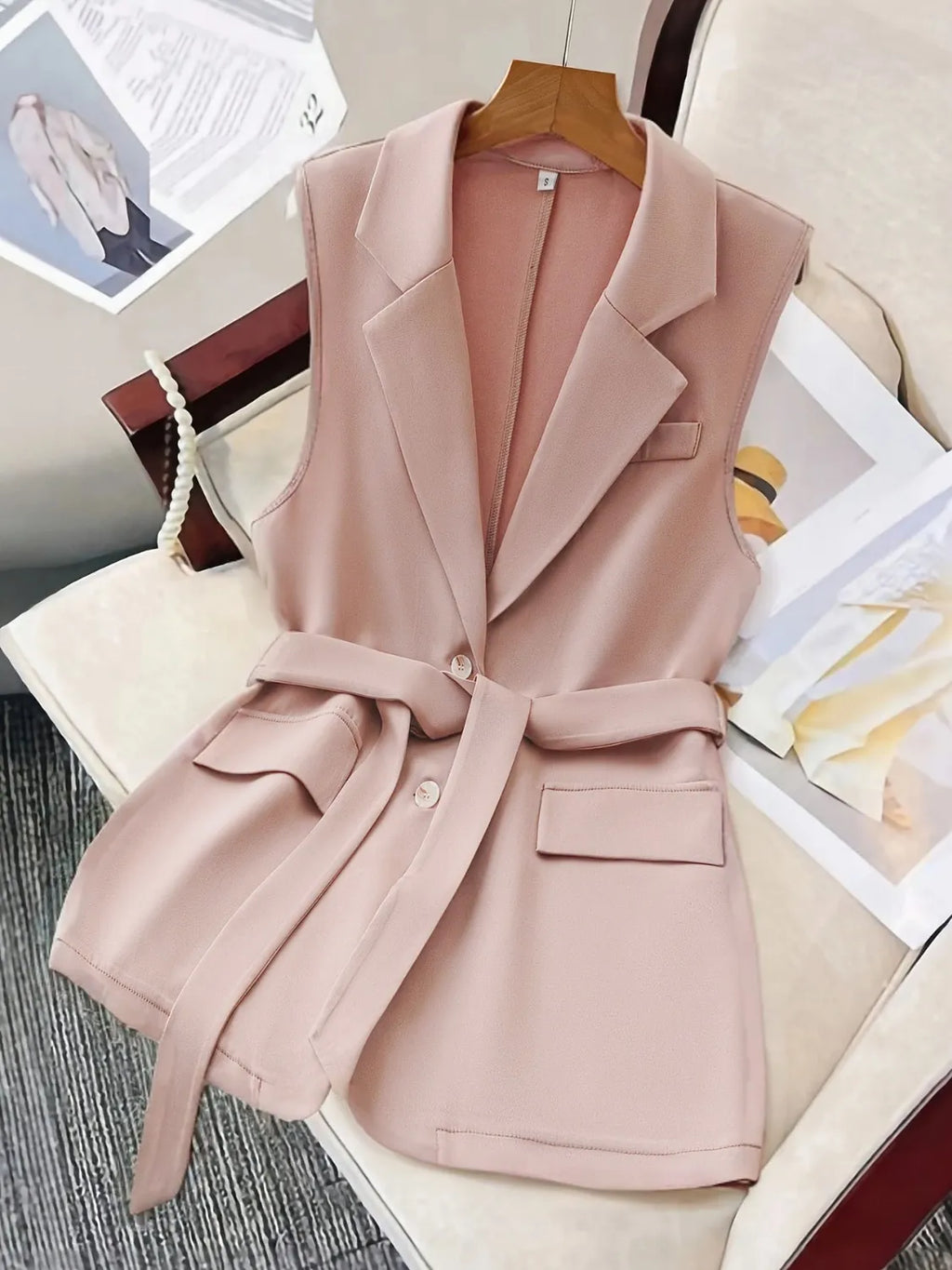 Black Tie-Waist Lapel-Collar Sleeveless Blazer