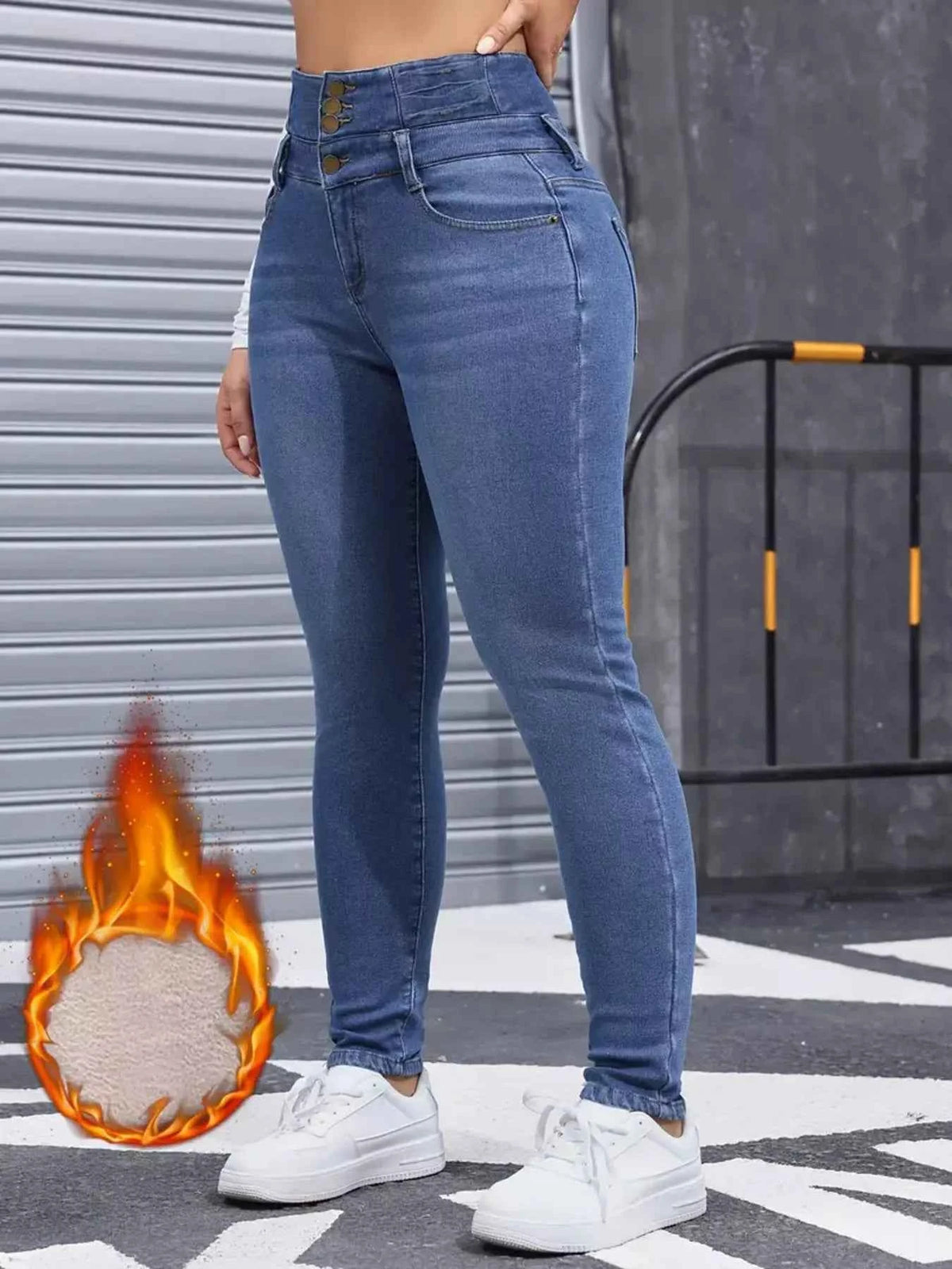 High-Waisted Blue Slim-Fit Jeans with Pockets