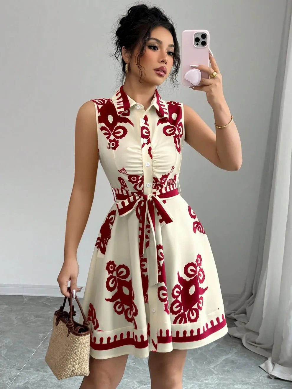 Printed Sleeveless Button-Front Dress