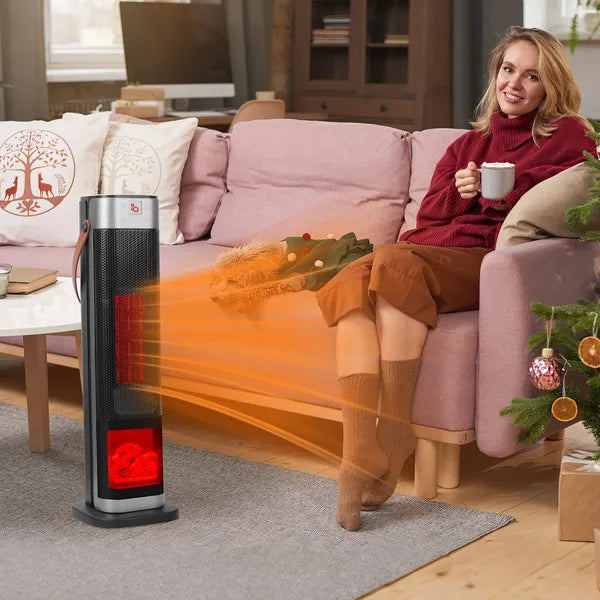 1500W Ceramic Tower Space Heater — 3D Flame Effect, 90° Oscillating, Remote Control & 12H Timer — Prime Trend Market