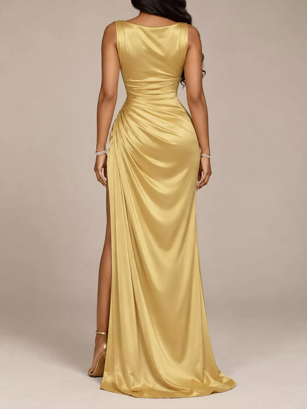 Satin Cowl-Neck Ruched High-Slit Maxi Dress