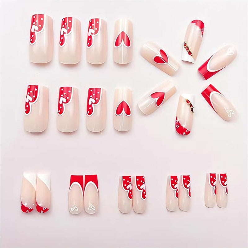 Red & White Heart Press-On Nails – 24 PCS Long Square Head | Valentine's Day Romantic Nail Art — Prime Trend Market