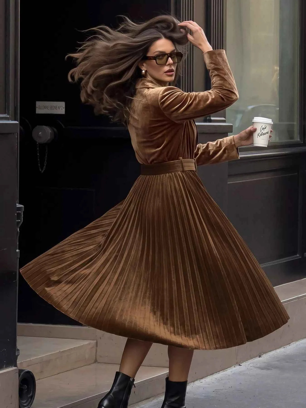 Coffee Brown Velvet-Look Pleated Midi Blazer Dress