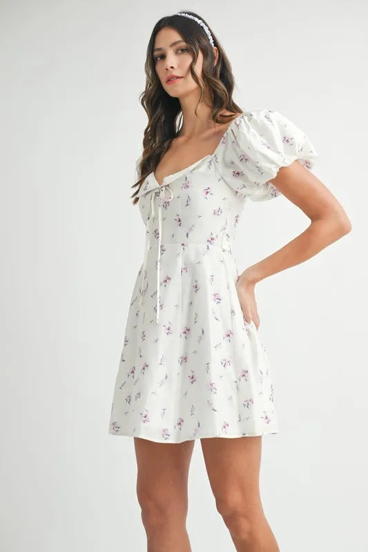 MABLE Floral-Print Puff-Sleeve Mini Dress