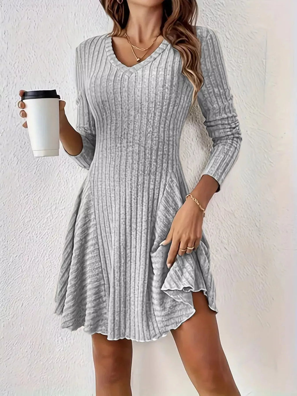 Long-Sleeve Ribbed Knit A-Line Mini Dress