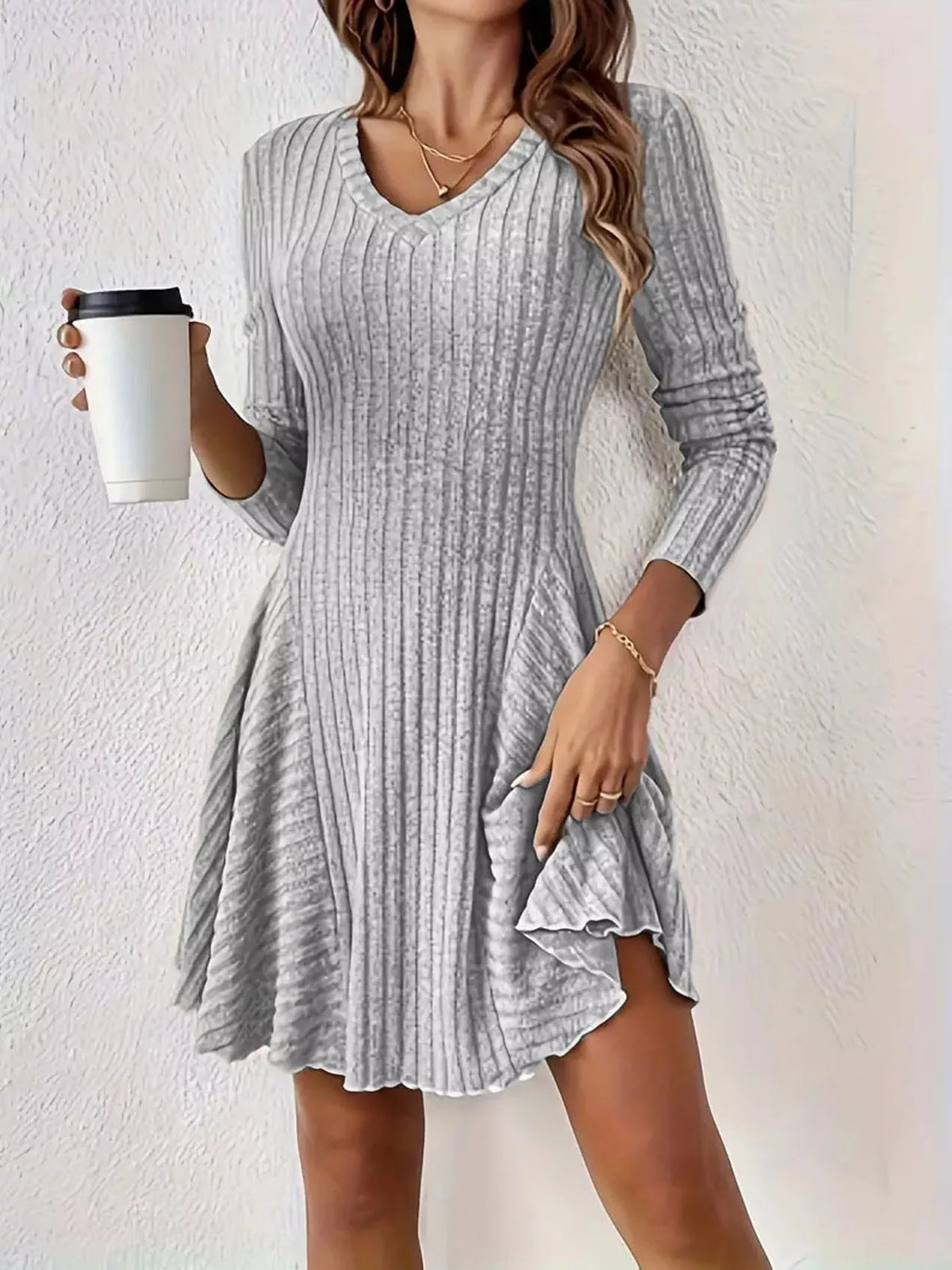 Long-Sleeve Ribbed Knit A-Line Mini Dress