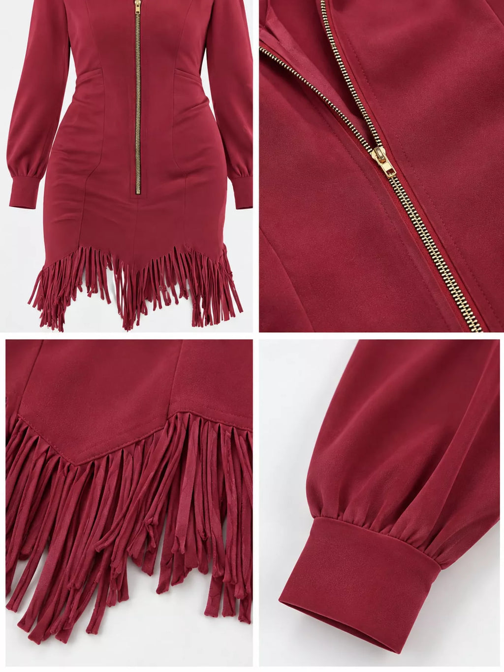 Zip-Front Long-Sleeve Fringe-Hem Mini Dress