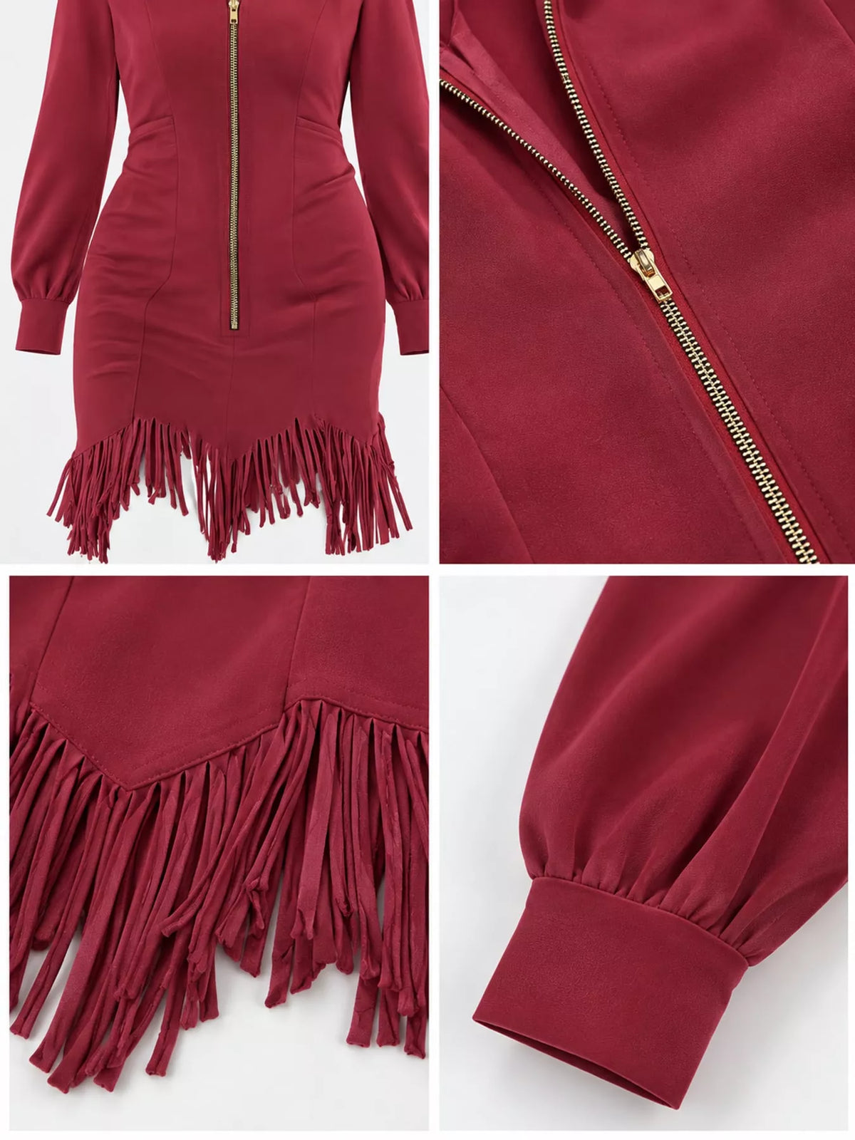Zip-Front Long-Sleeve Fringe-Hem Mini Dress