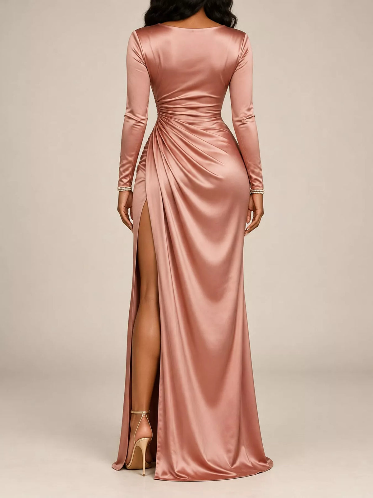 Satin Cowl-Neck Ruched High-Slit Maxi Dress