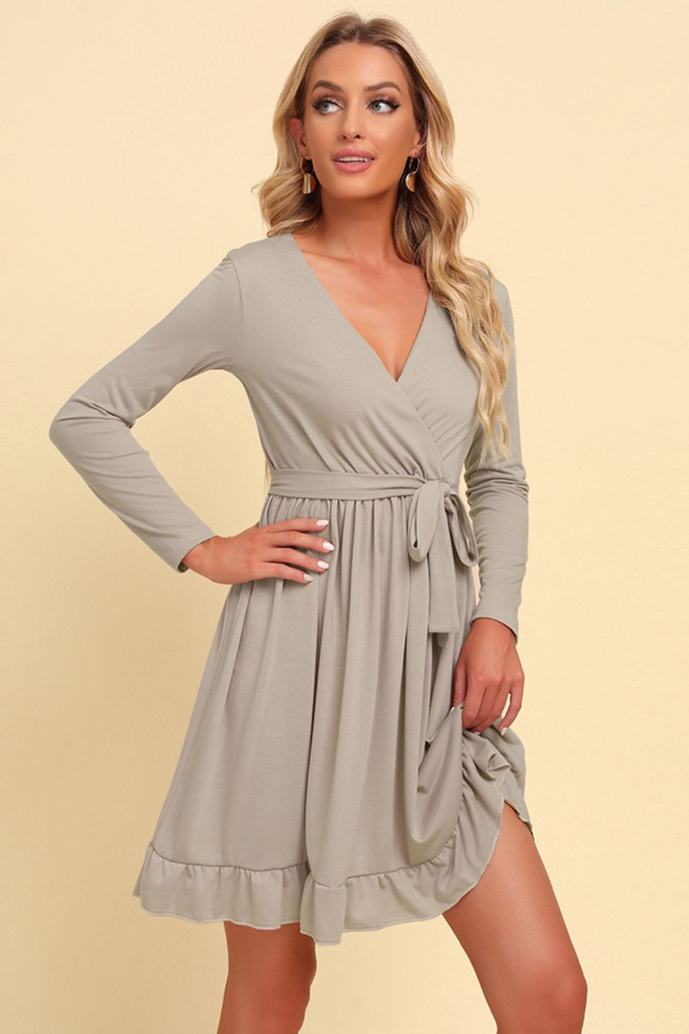 Surplice Long-Sleeve Tie-Waist Mini Dress