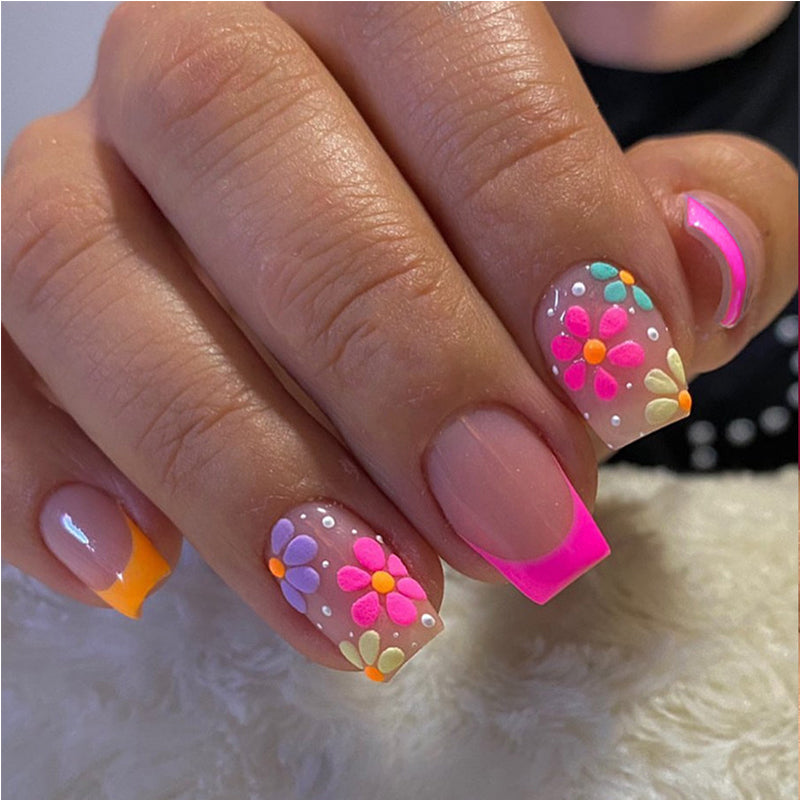 French Flower Press-On Nails – 24 PCS Short Square | Acrylic Full Cover, Reusable — Prime Trend Market