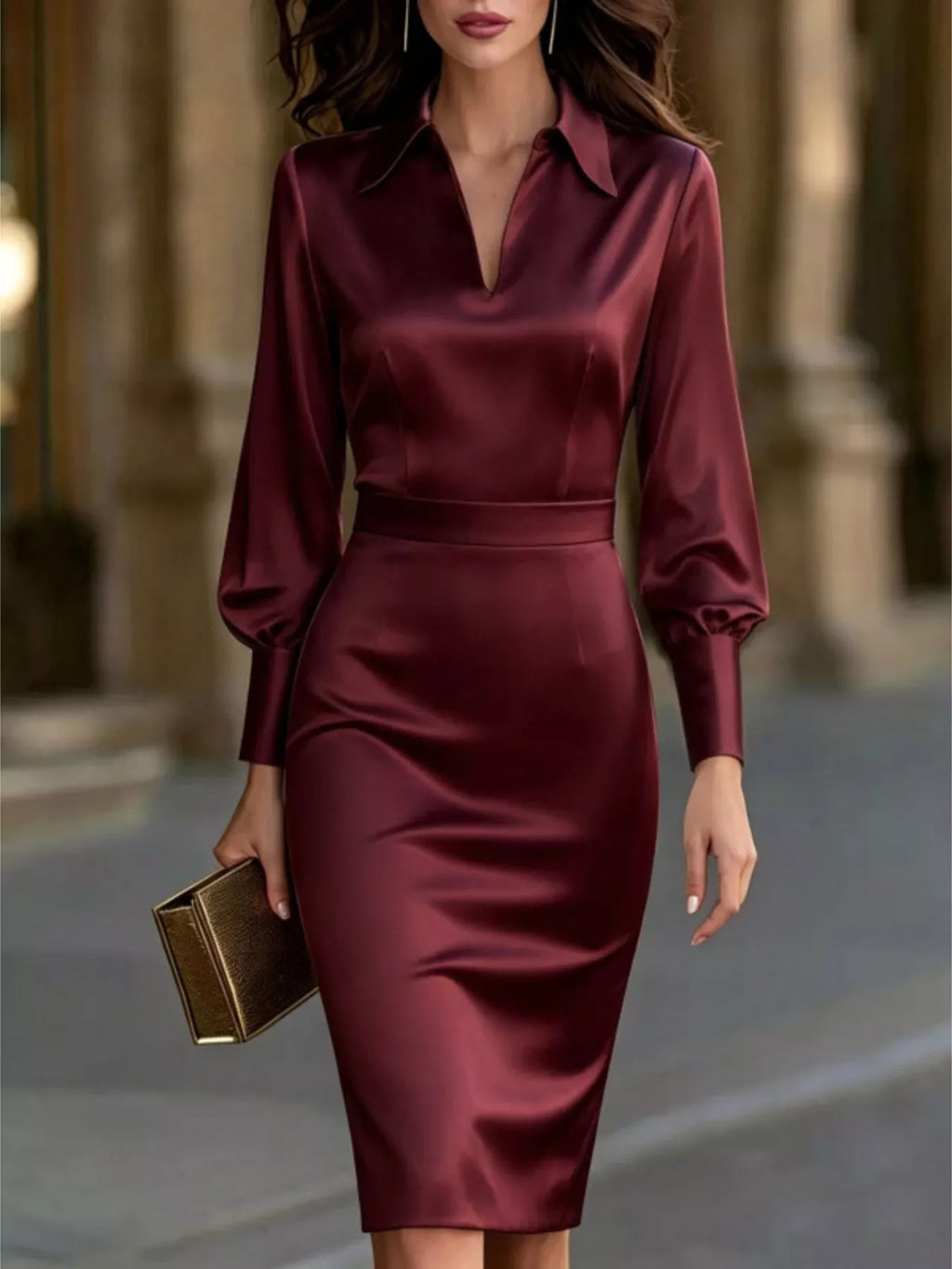 Satin Lantern-Sleeve Midi Dress