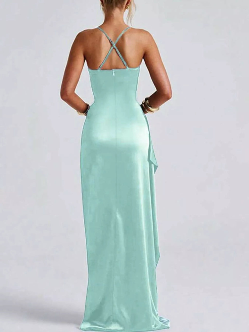 Satin Ruched High-Slit Maxi Dress