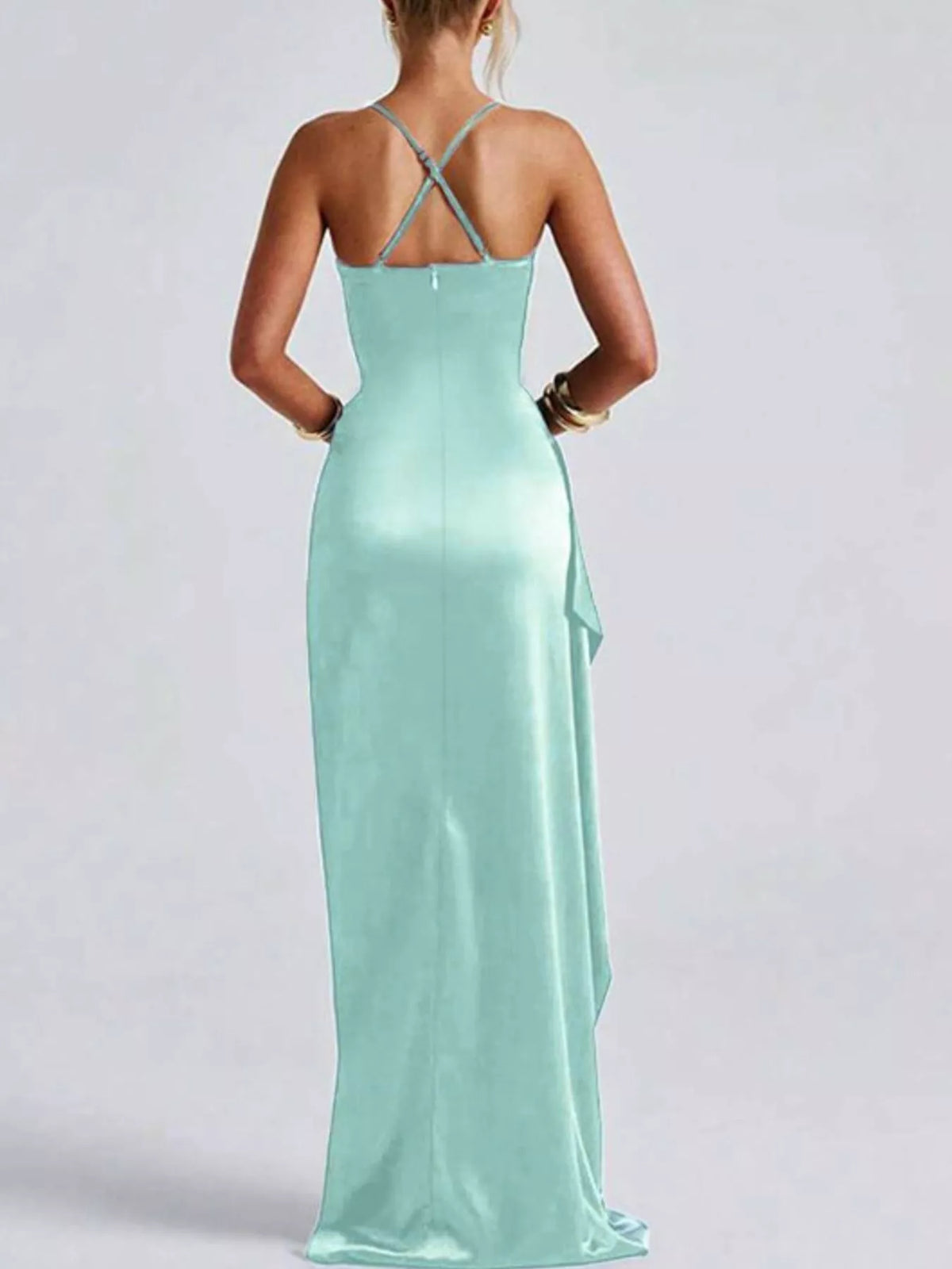Satin Ruched High-Slit Maxi Dress