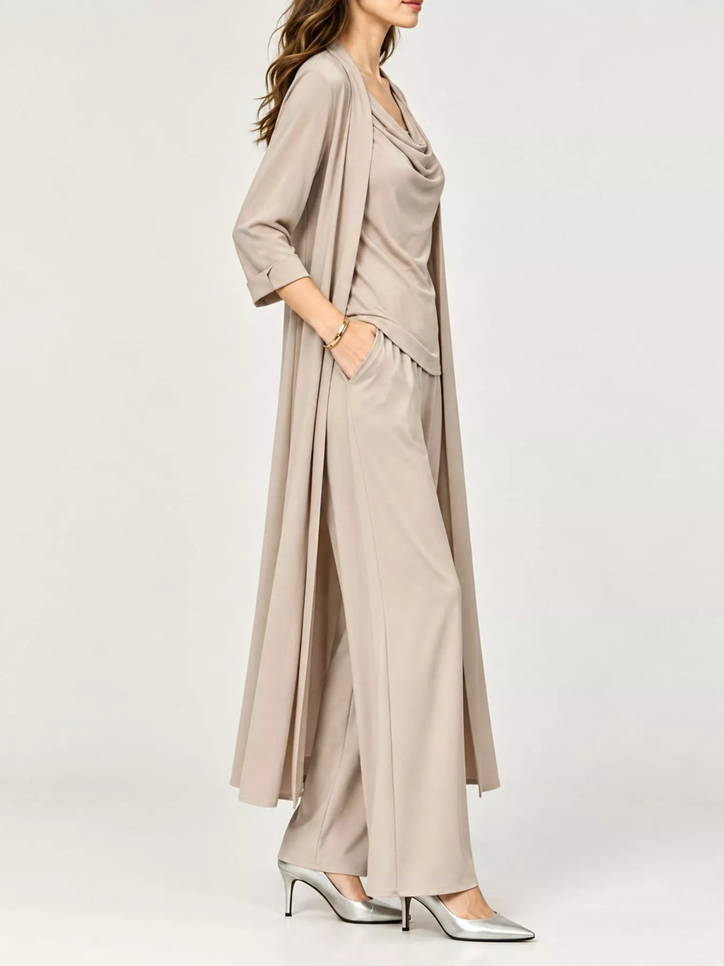 Cowl-Neck Top, Cardigan & Wide-Leg Pants Three-Piece Set
