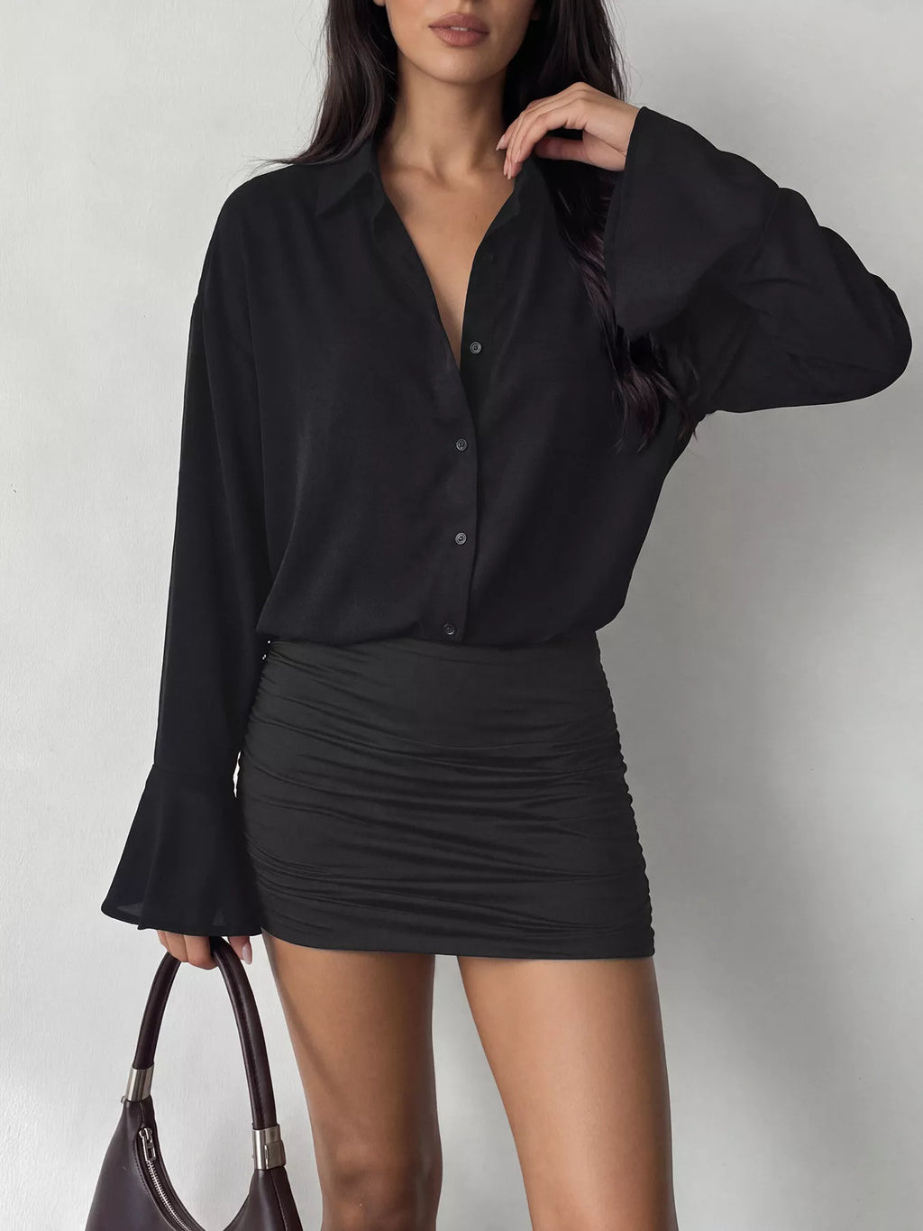 Black Button-Front Flounce-Sleeve Ruched Mini Dress