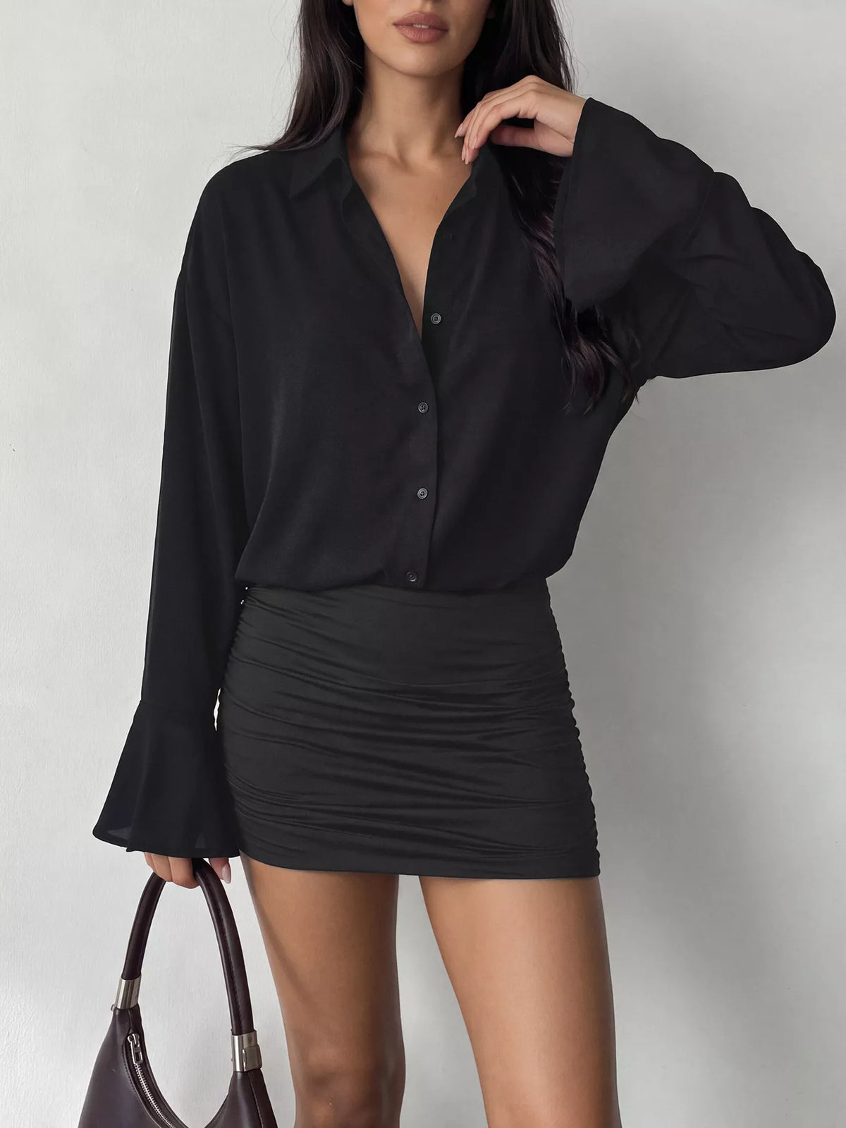 Black Button-Front Flounce-Sleeve Ruched Mini Dress
