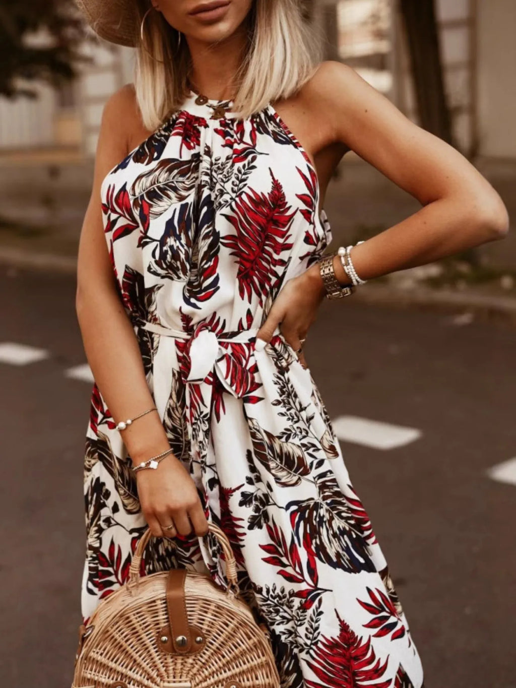 Tropical Floral Halter-Neck Tie-Waist Dress