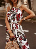 Tropical Floral Halter-Neck Tie-Waist Dress