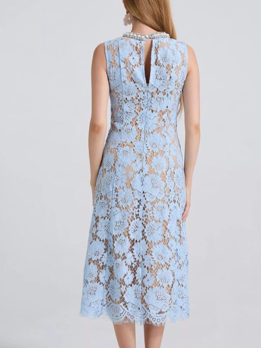 Pearl-Look Neckline Sleeveless Lace Dress