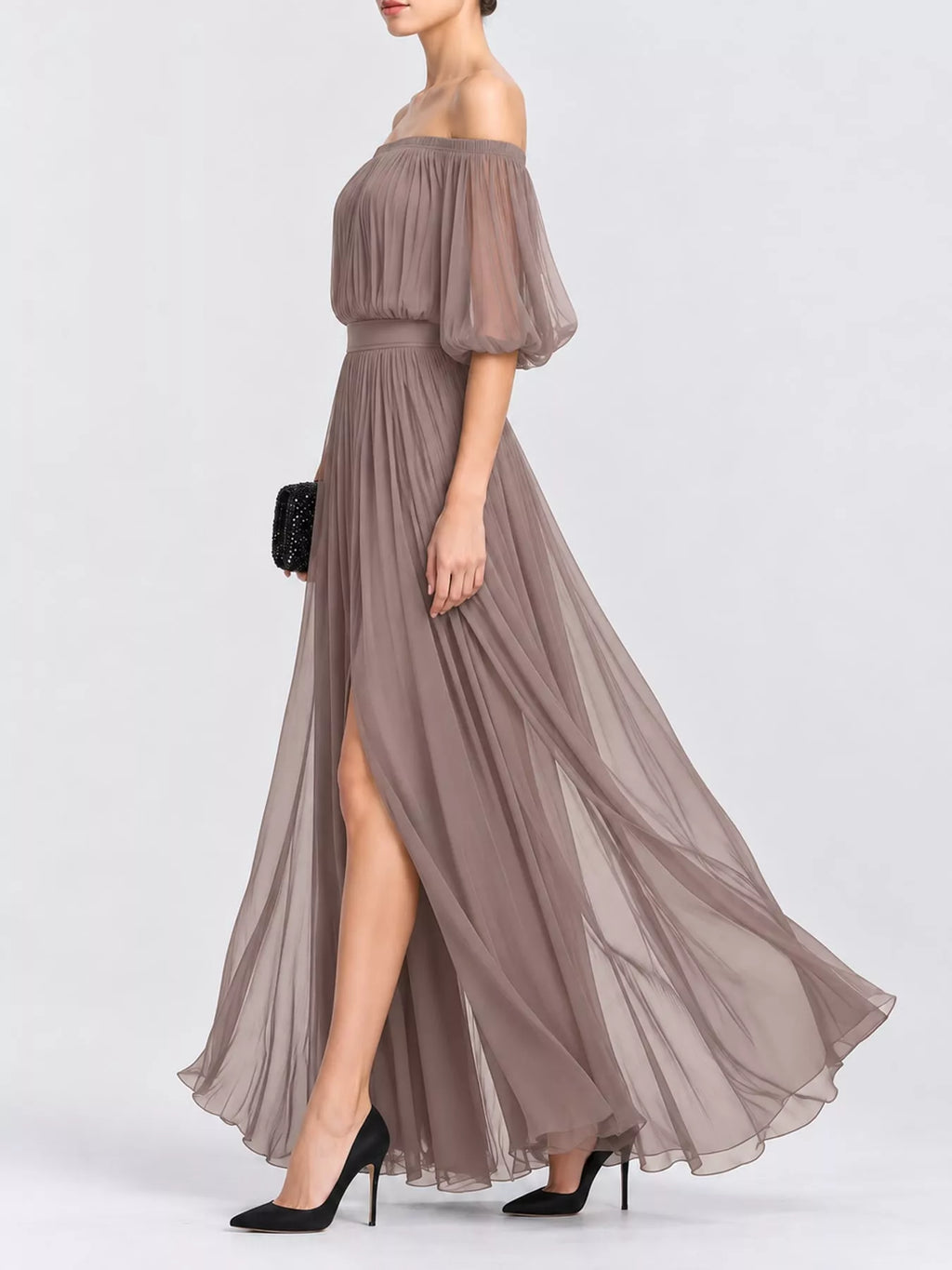 Off-Shoulder Ruched Chiffon Maxi Dress