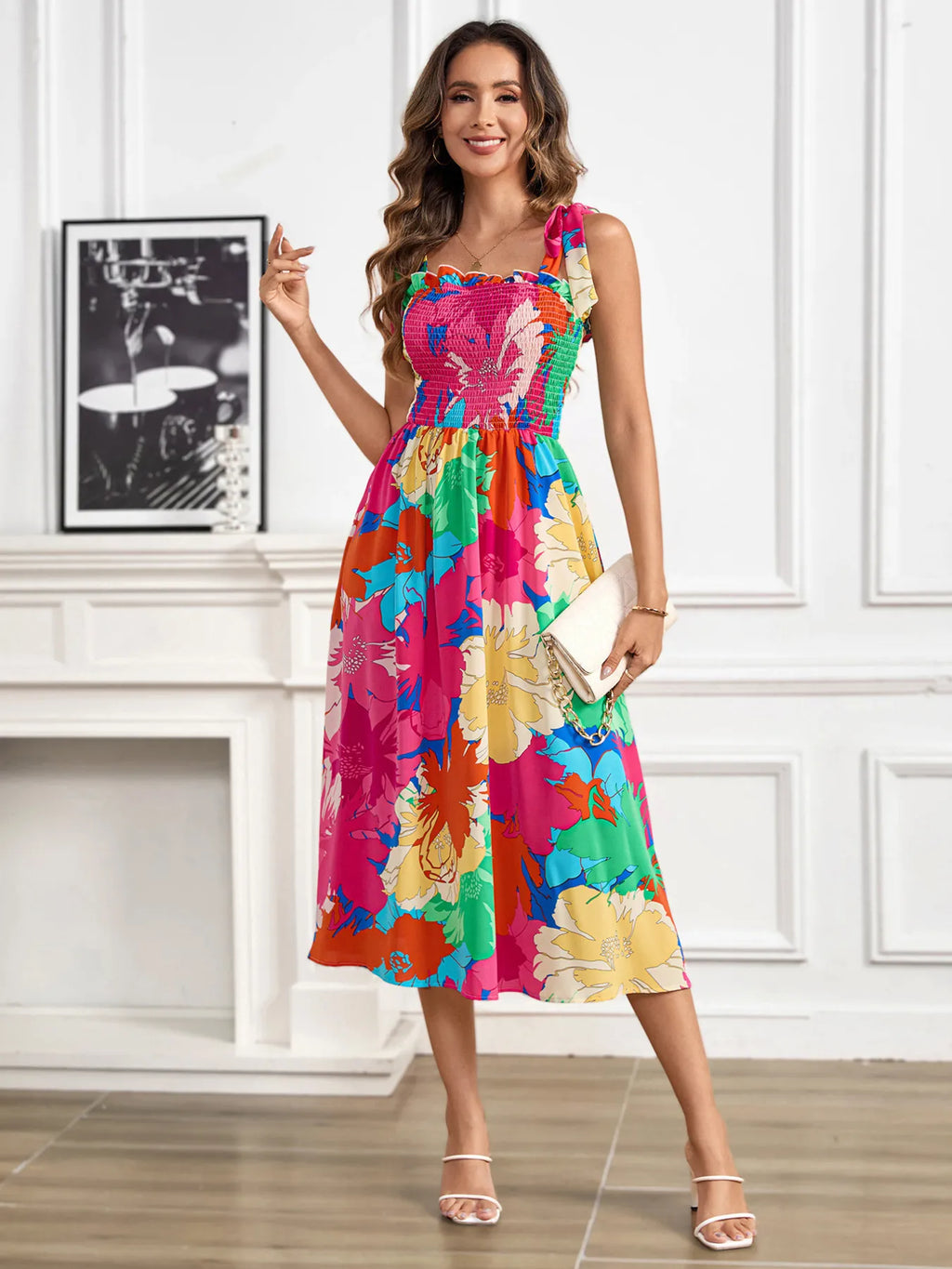 Floral Smocked Tie-Shoulder Midi Dress