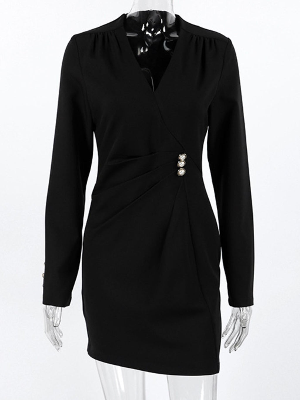 Ruched Surplice Button-Detail Mini Dress
